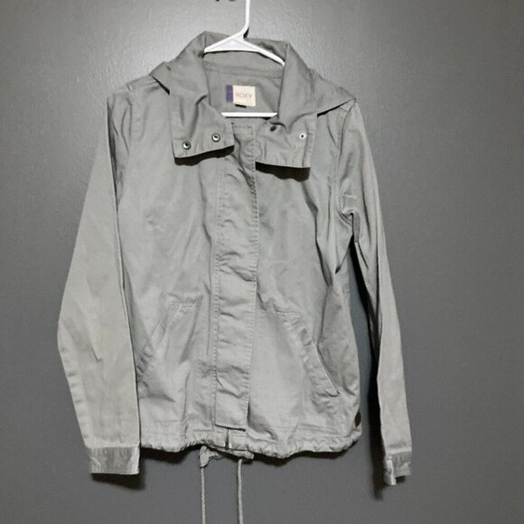 Roxy Women Size L Grey Windbreaker Jacket Surfer Geo Pattern Hood Lightweight - Picture 1 of 13